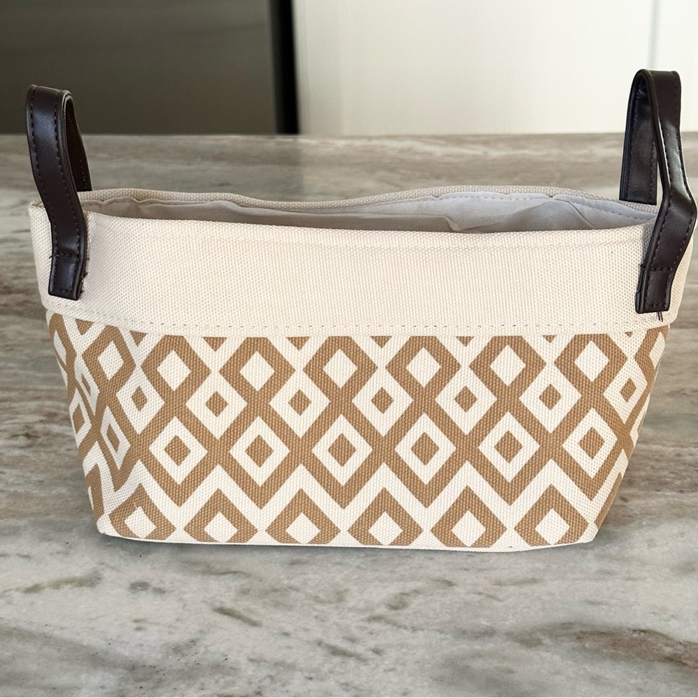 Small Patterned Fabric Storage Basket Cream & Tan / Gift Basket with Handles